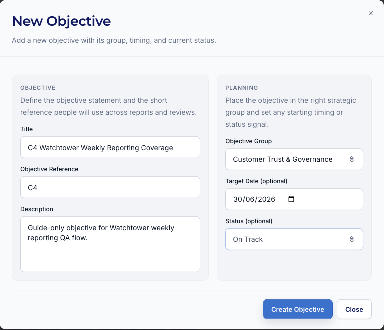 Fill the new objective dialog
