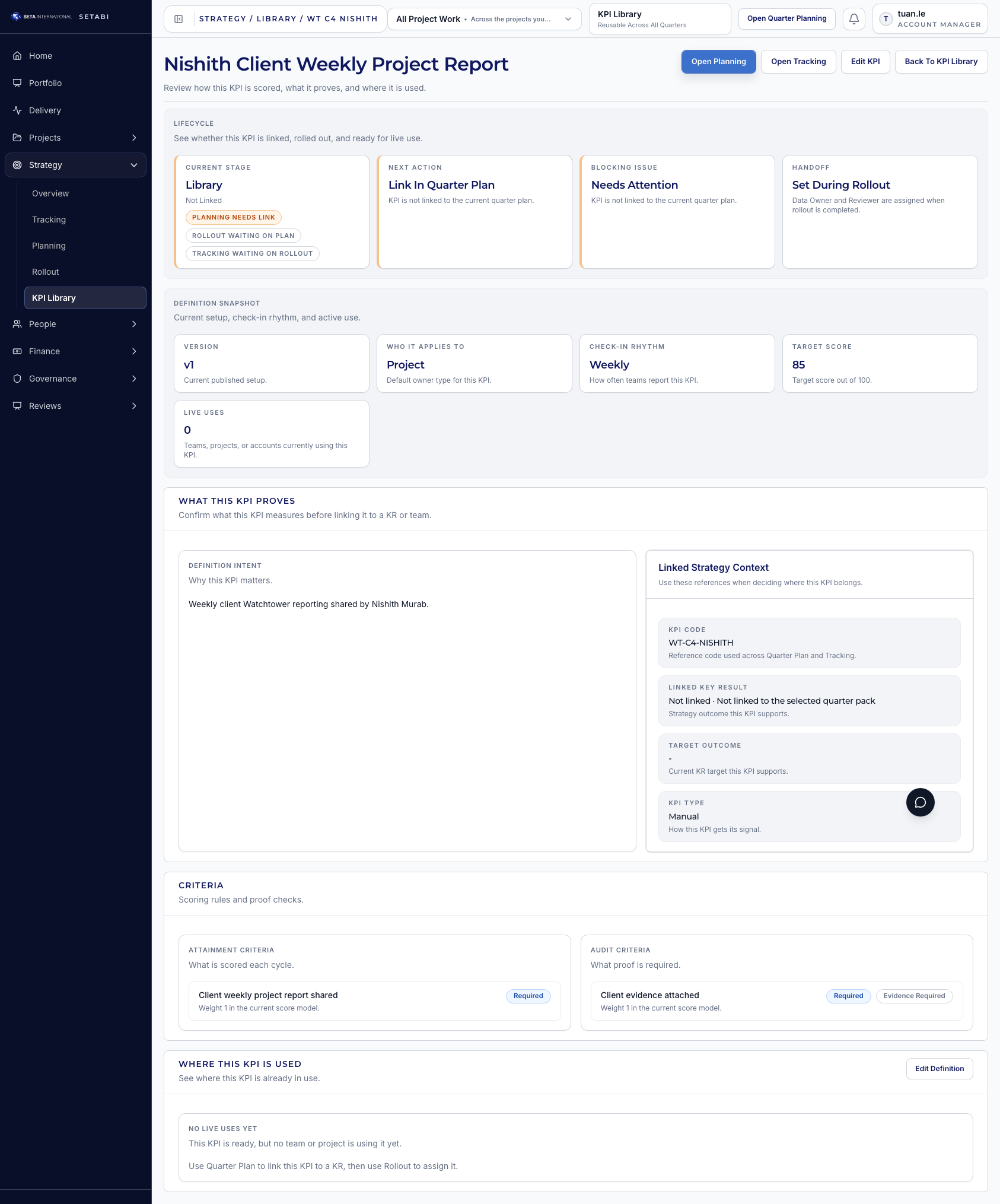 Review the Nishith KPI detail page