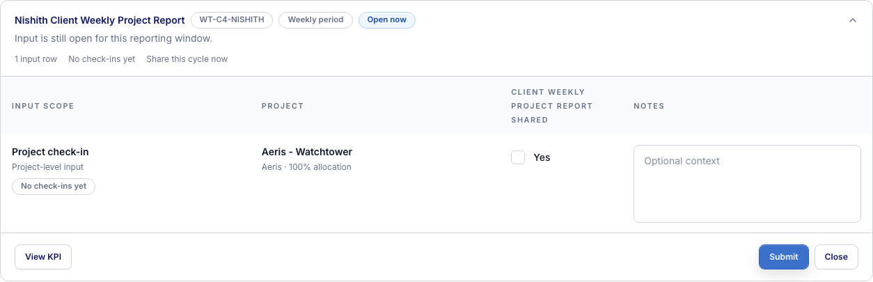 Open the KPI card before input
