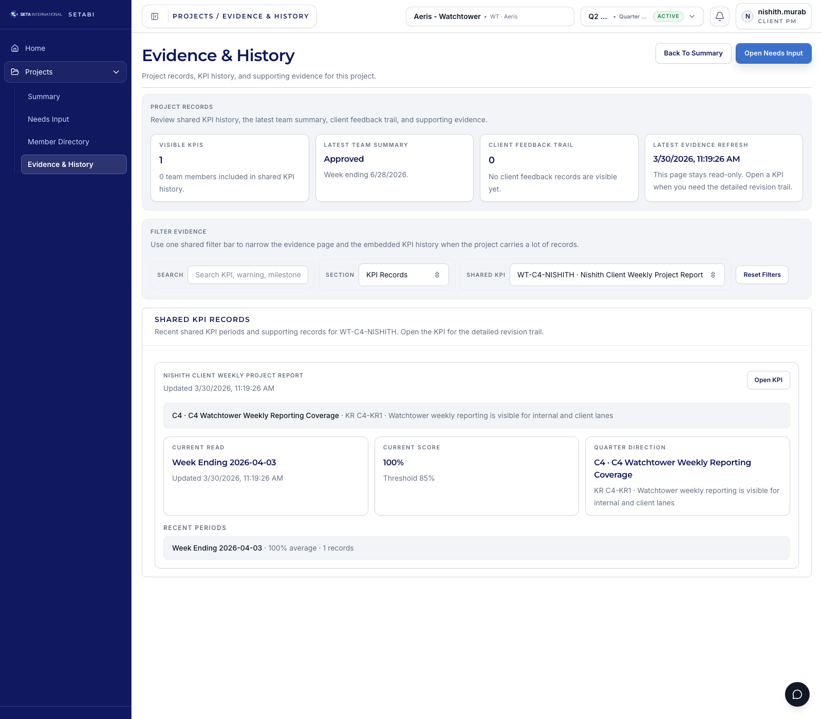 Evidence & History page